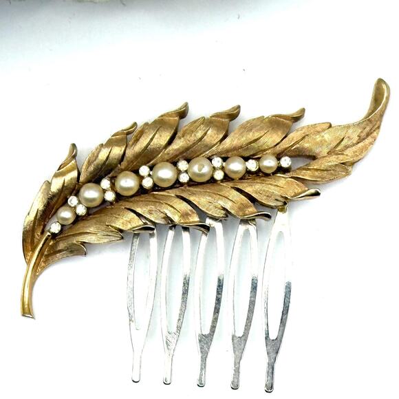 Gold Feather Bridal Hair Comb | Heirloom Vintage Jewelry Pearls Rhinestones - Picture 3 of 4